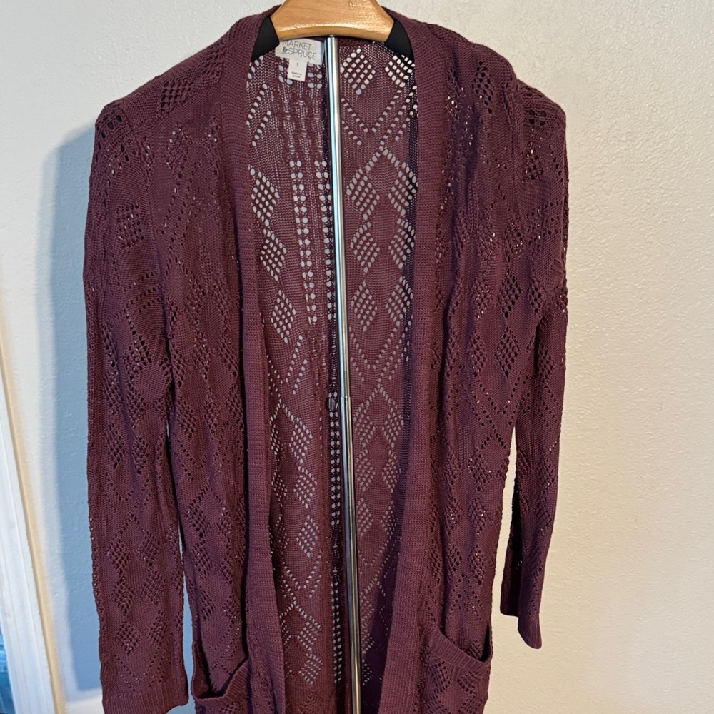 Market & Spruce Deep Purple Open Knit Cardigan